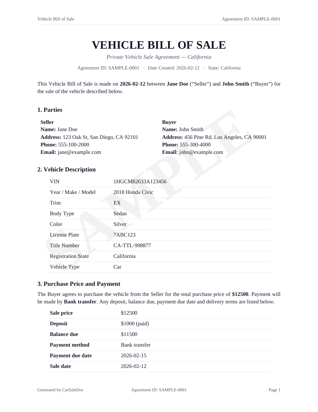 Sample bill of sale page 1