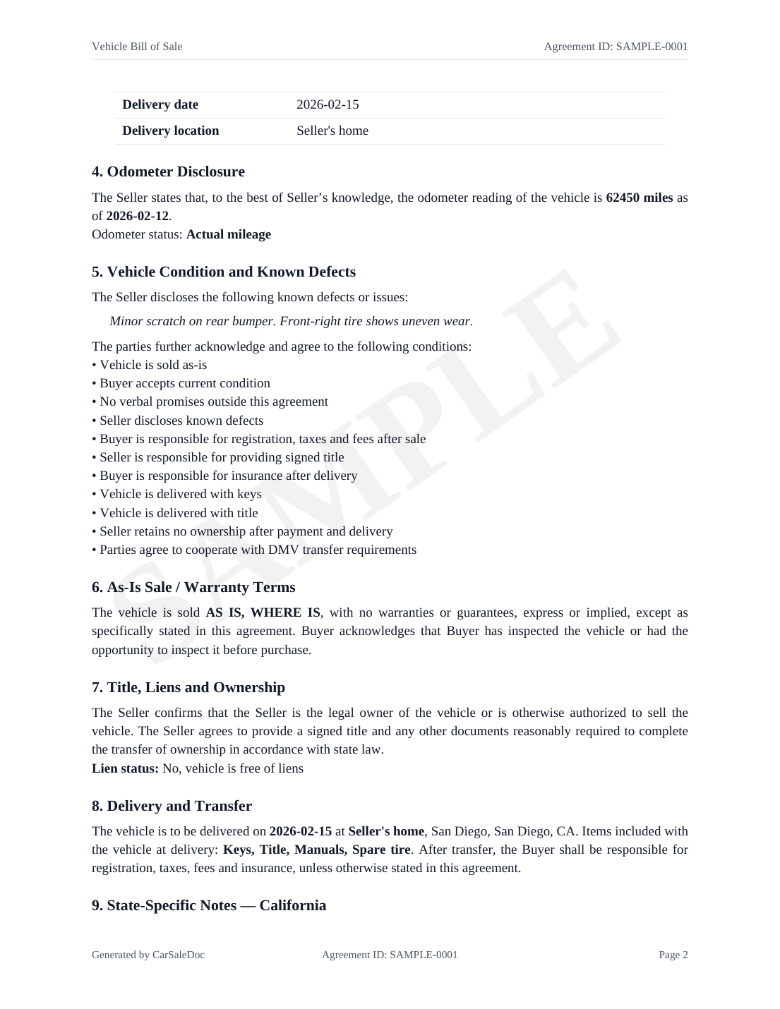Sample bill of sale page 2