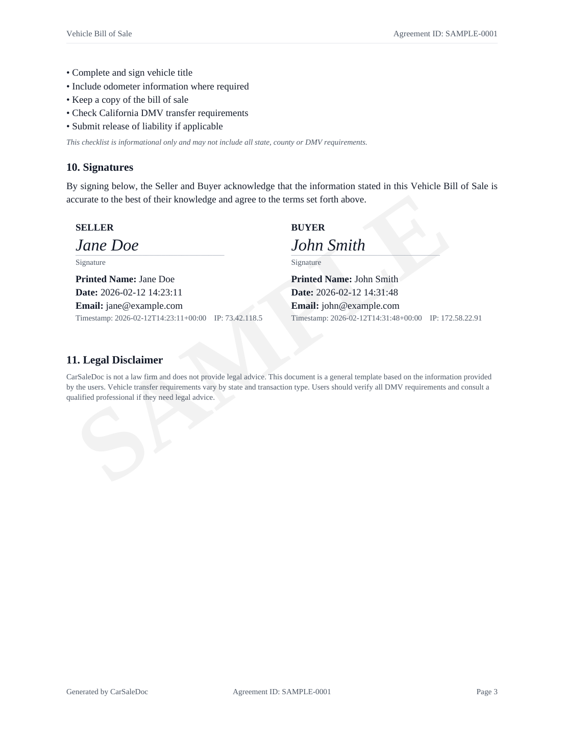 Sample bill of sale page 3